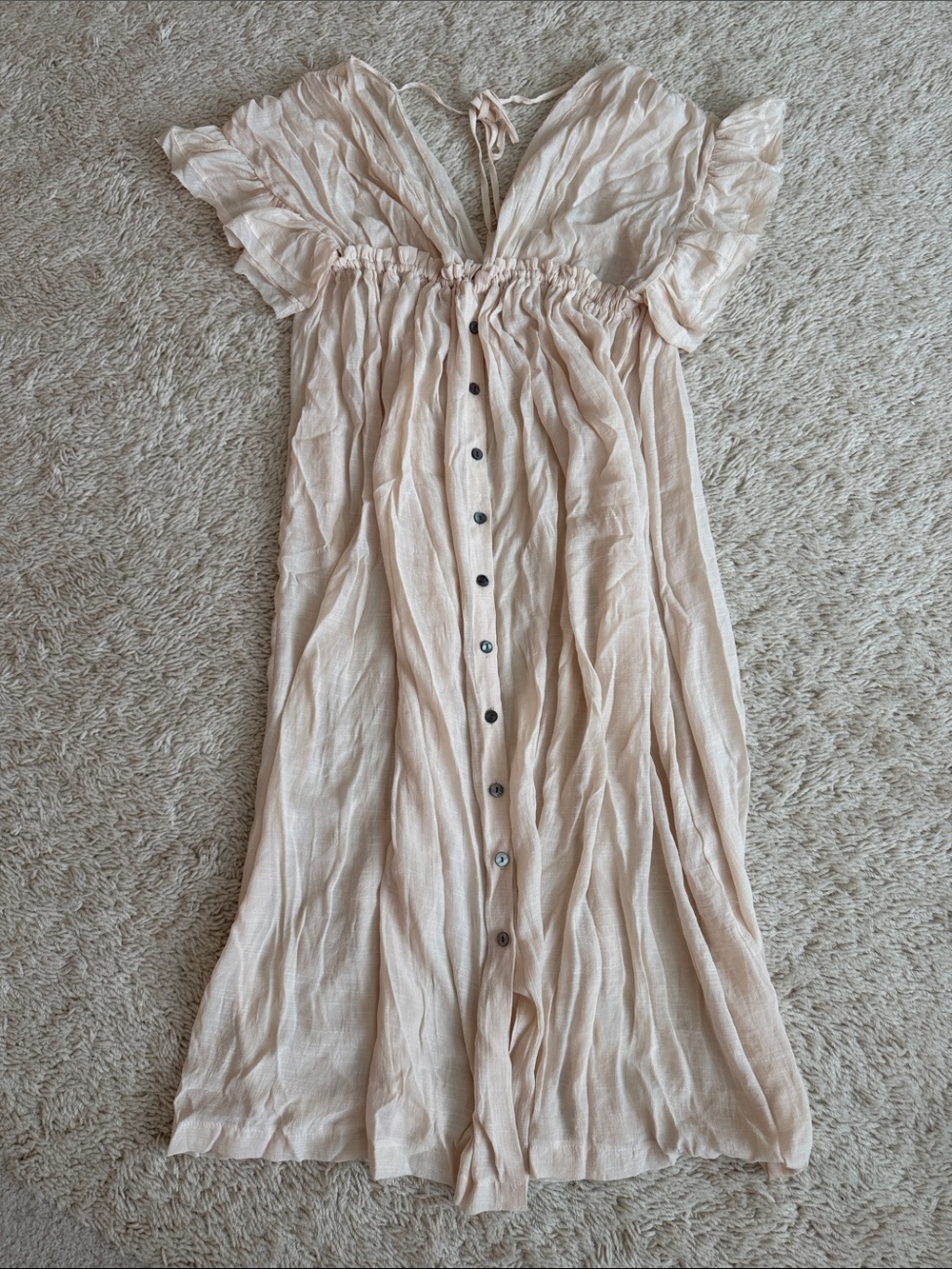 Light Pink Button-Front Smocked Waist Midi Dress